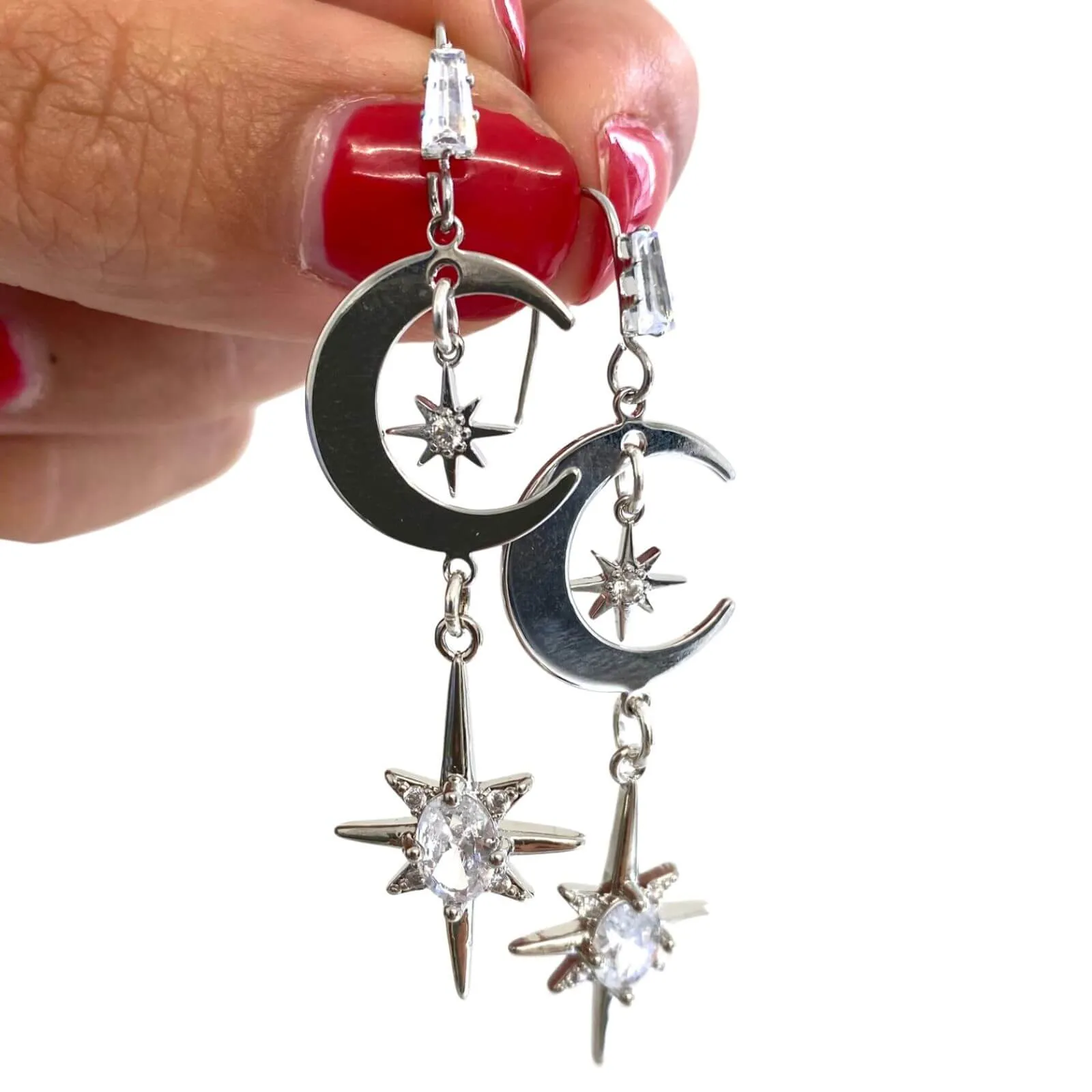 Angela D'Arcy Silver Long Moon & Star Drop Earrings