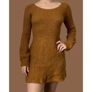 Anthro Knitted &amp; Knotted Alpaca Wool Sweater Dress Large Tan Long Sleeve NWT