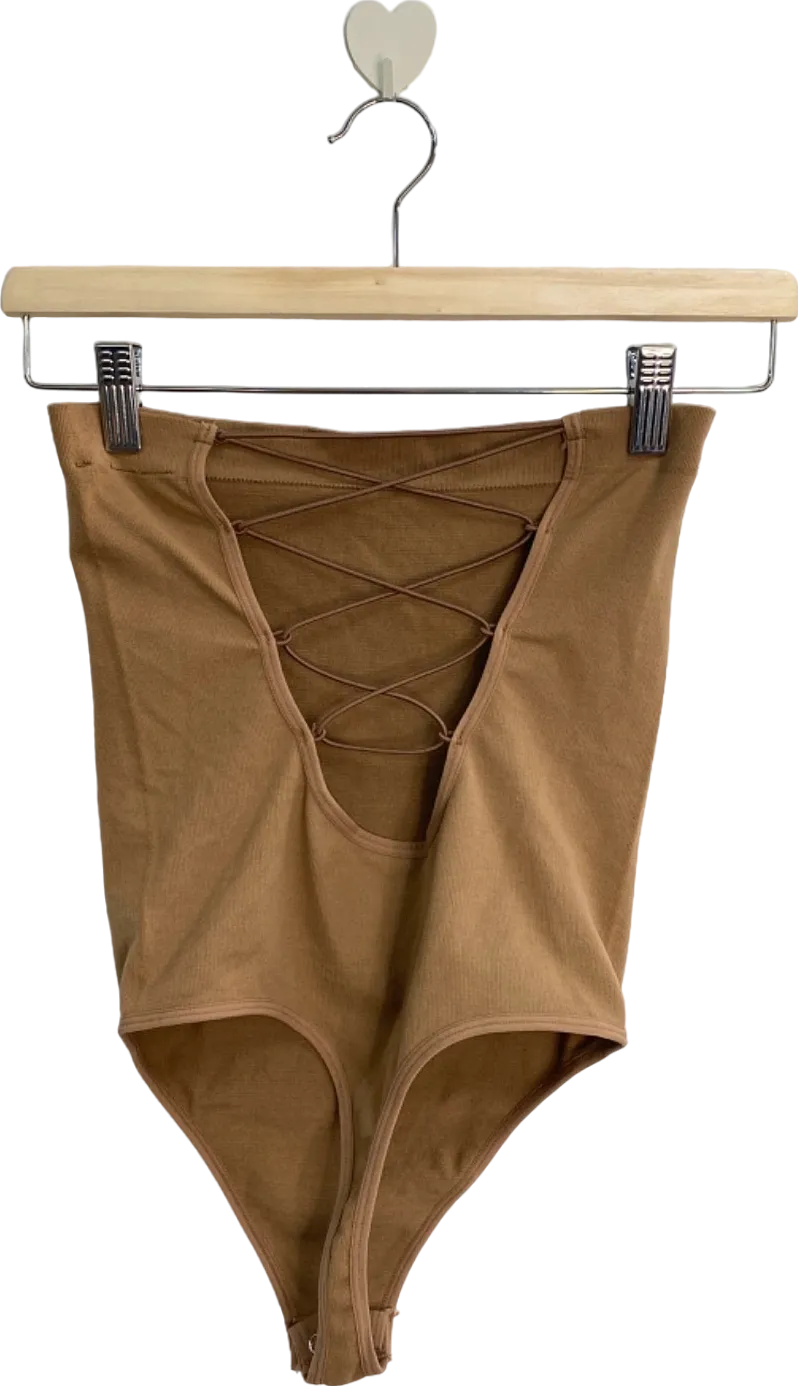 ANWIND Brown Ribbed Thong Bodysuit with Lace-Up Design UK S/M