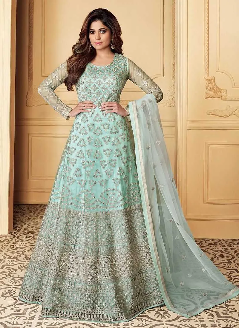 Aqua Blue Heavy Embroidered Gown Style Anarkali