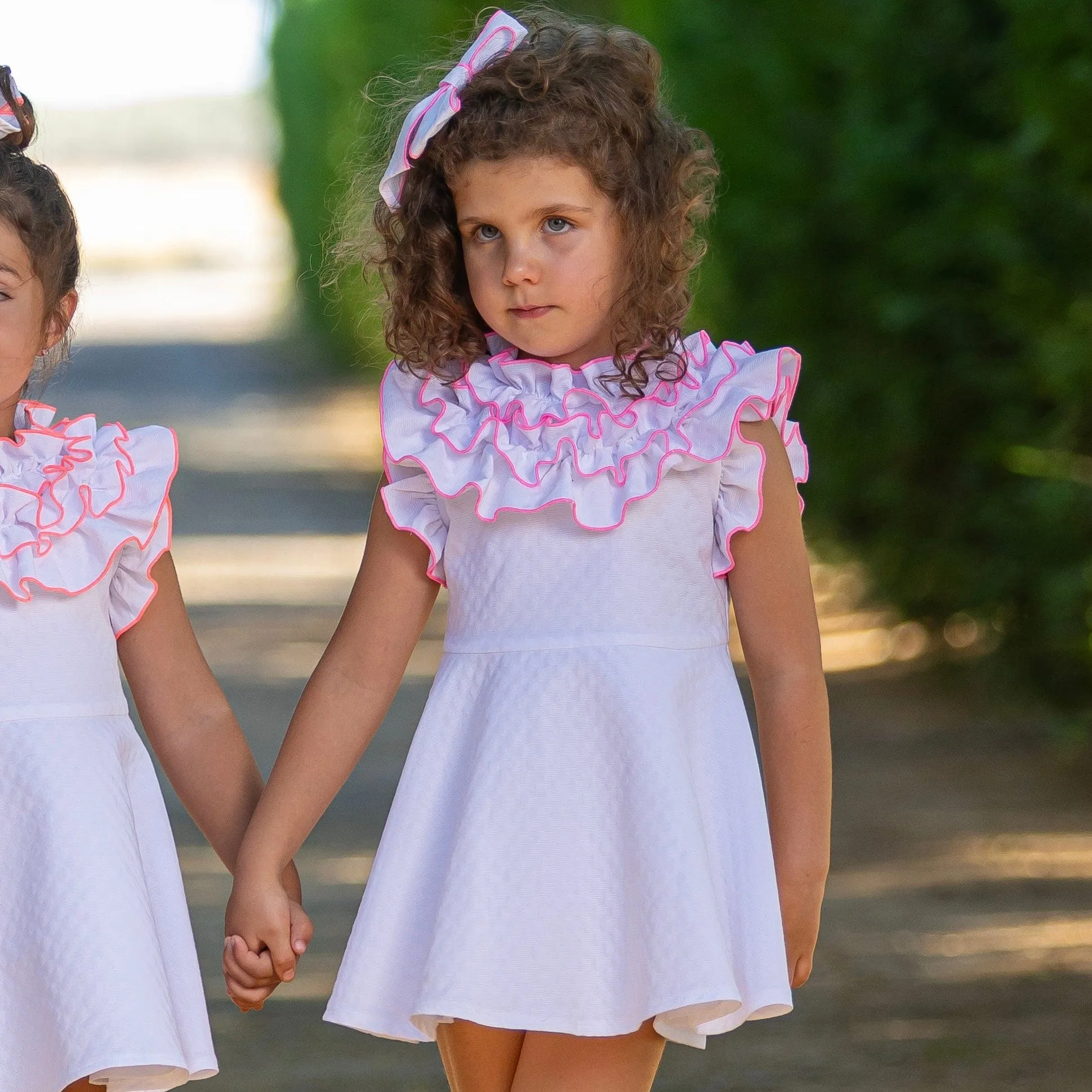 BABINE - Ruffle Neck Dress - Neon Pink