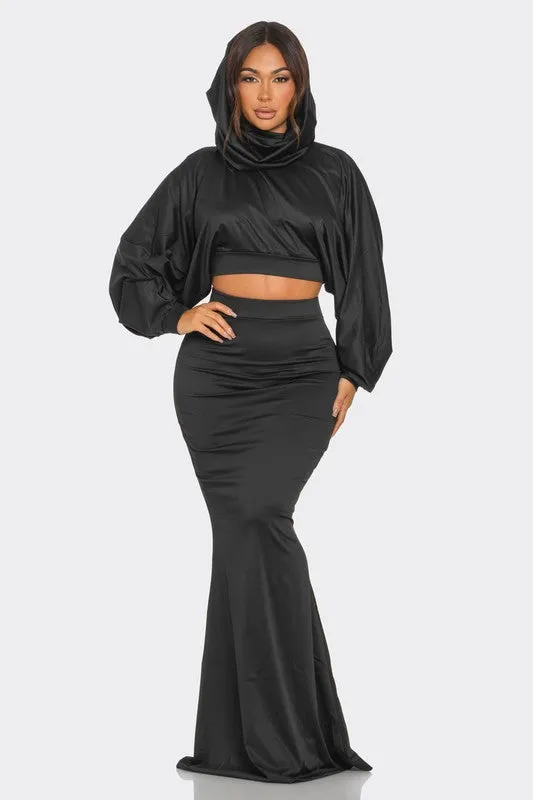 Bianca Crop Hoodie Skirt Set (Black)