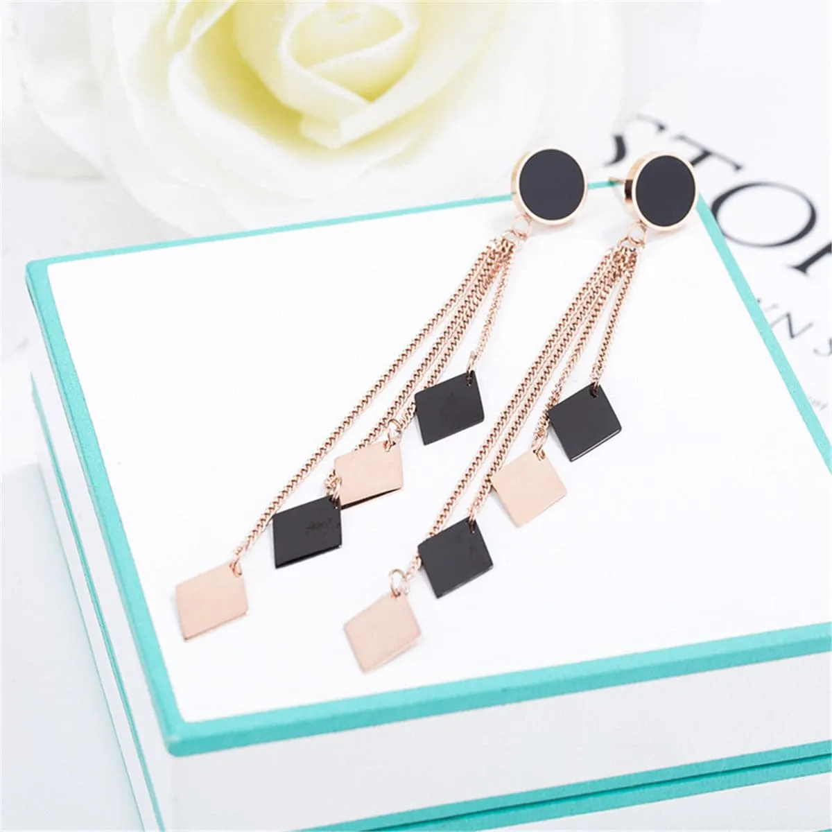 Black & 18K Rose Gold-Plated Rhombus Tassel Drop Earrings