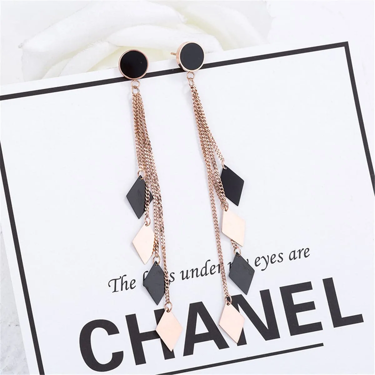 Black & 18K Rose Gold-Plated Rhombus Tassel Drop Earrings
