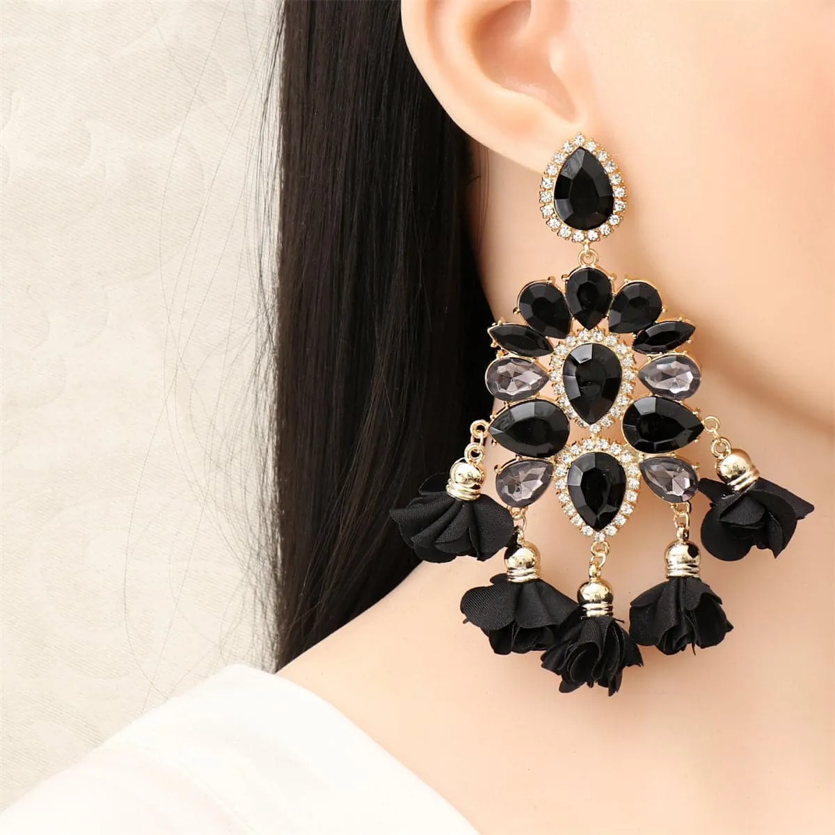 Black Crystal & Cubic Zirconia 18K Gold-Plated Flower Tassel Drop Earrings