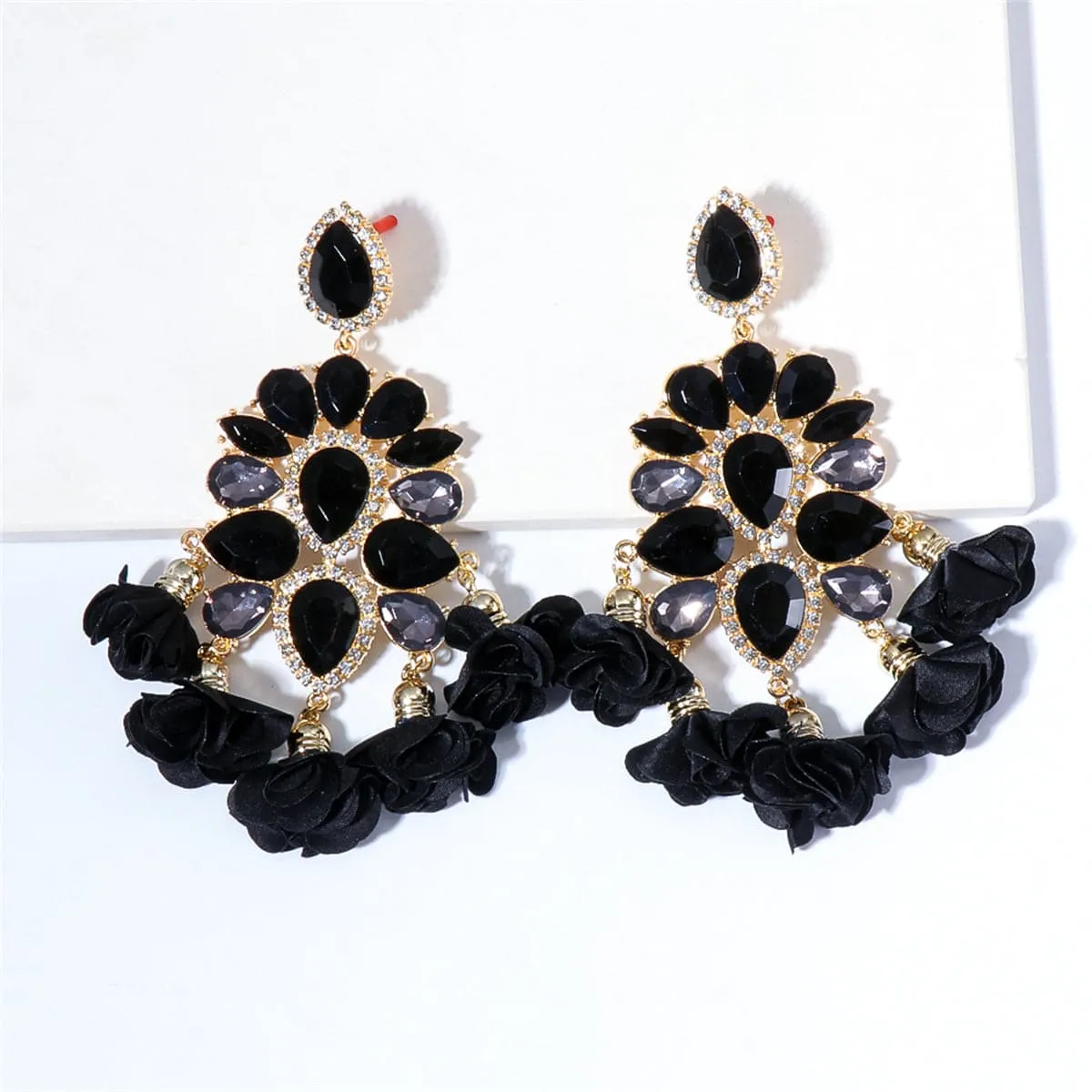 Black Crystal & Cubic Zirconia 18K Gold-Plated Flower Tassel Drop Earrings