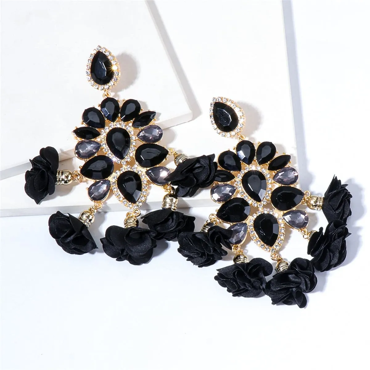 Black Crystal & Cubic Zirconia 18K Gold-Plated Flower Tassel Drop Earrings