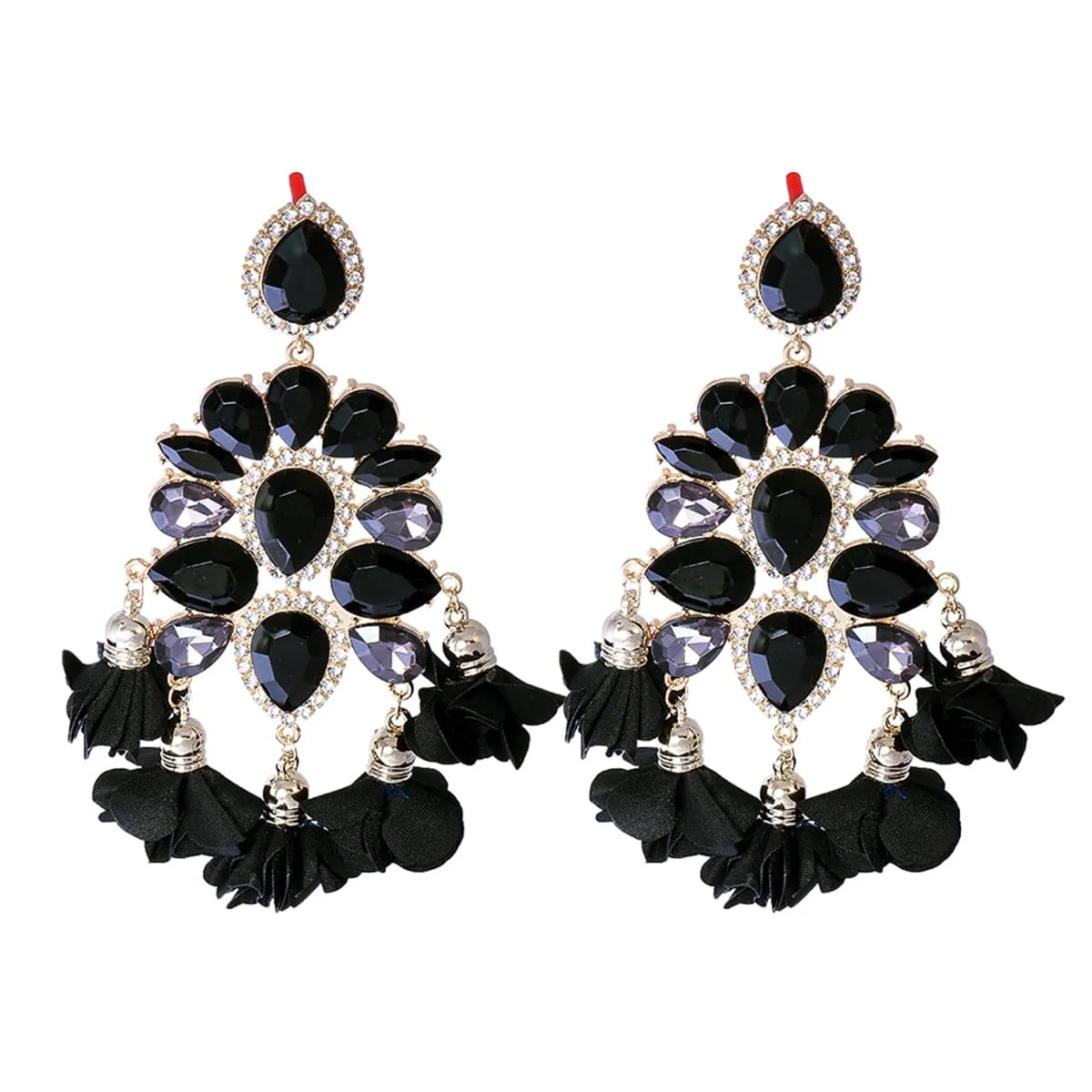 Black Crystal & Cubic Zirconia 18K Gold-Plated Flower Tassel Drop Earrings