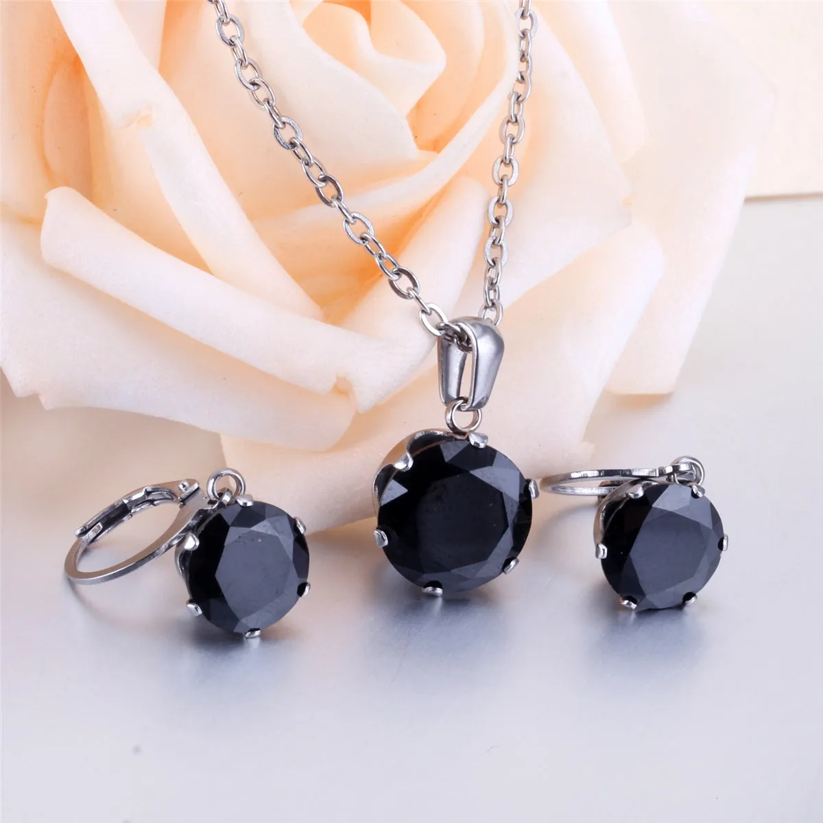 Black Cubic Zirconia & Silver-Plated Round Pendant Necklace & Huggie Earrings