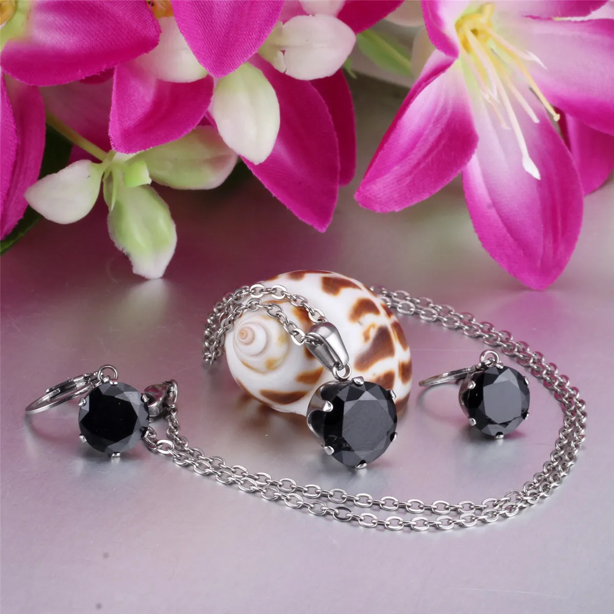 Black Cubic Zirconia & Silver-Plated Round Pendant Necklace & Huggie Earrings