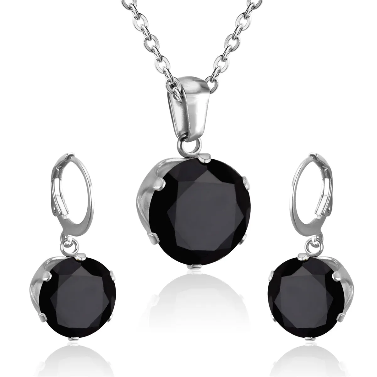 Black Cubic Zirconia & Silver-Plated Round Pendant Necklace & Huggie Earrings