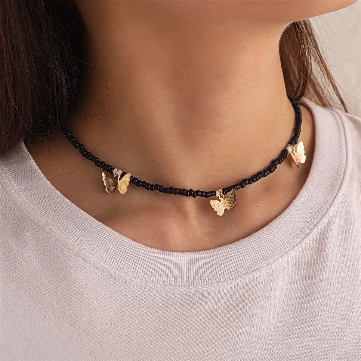 Black Howlite & 18K Gold-Plated Butterfly Station Choker Necklace
