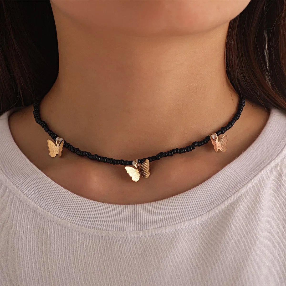 Black Howlite & 18K Gold-Plated Butterfly Station Choker Necklace