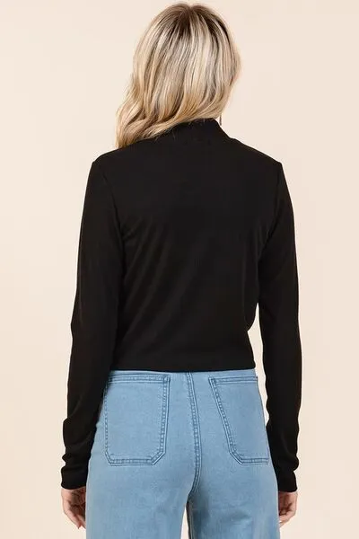 Black Mock Neck Rib Knit Long Sleeve Crop Top