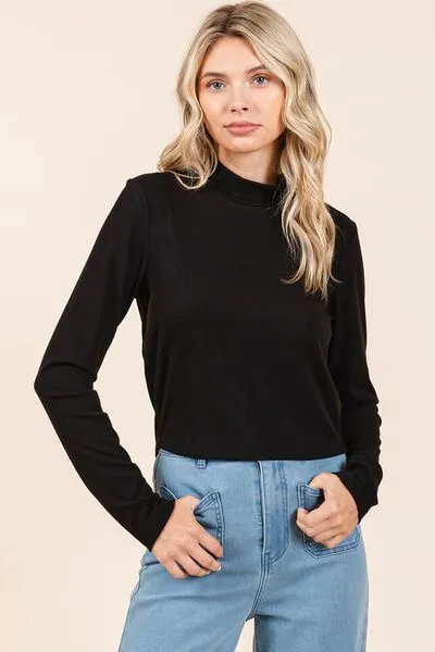 Black Mock Neck Rib Knit Long Sleeve Crop Top