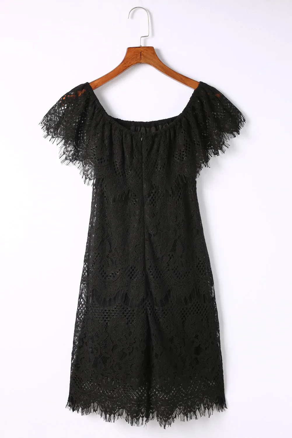 Black Off-shoulder Overlay Drop Sleeves Lace Dress