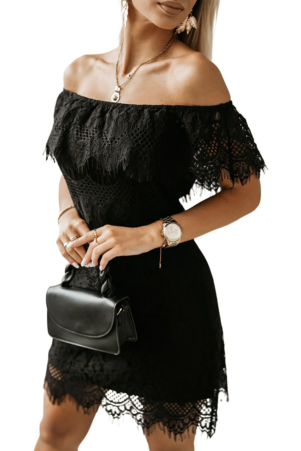 Black Off-shoulder Overlay Drop Sleeves Lace Dress