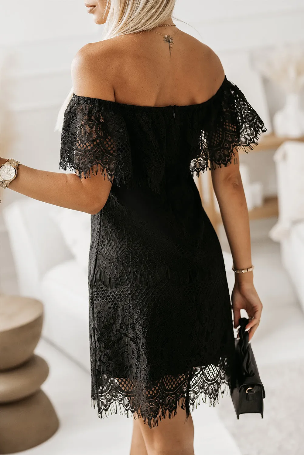 Black Off-shoulder Overlay Drop Sleeves Lace Dress