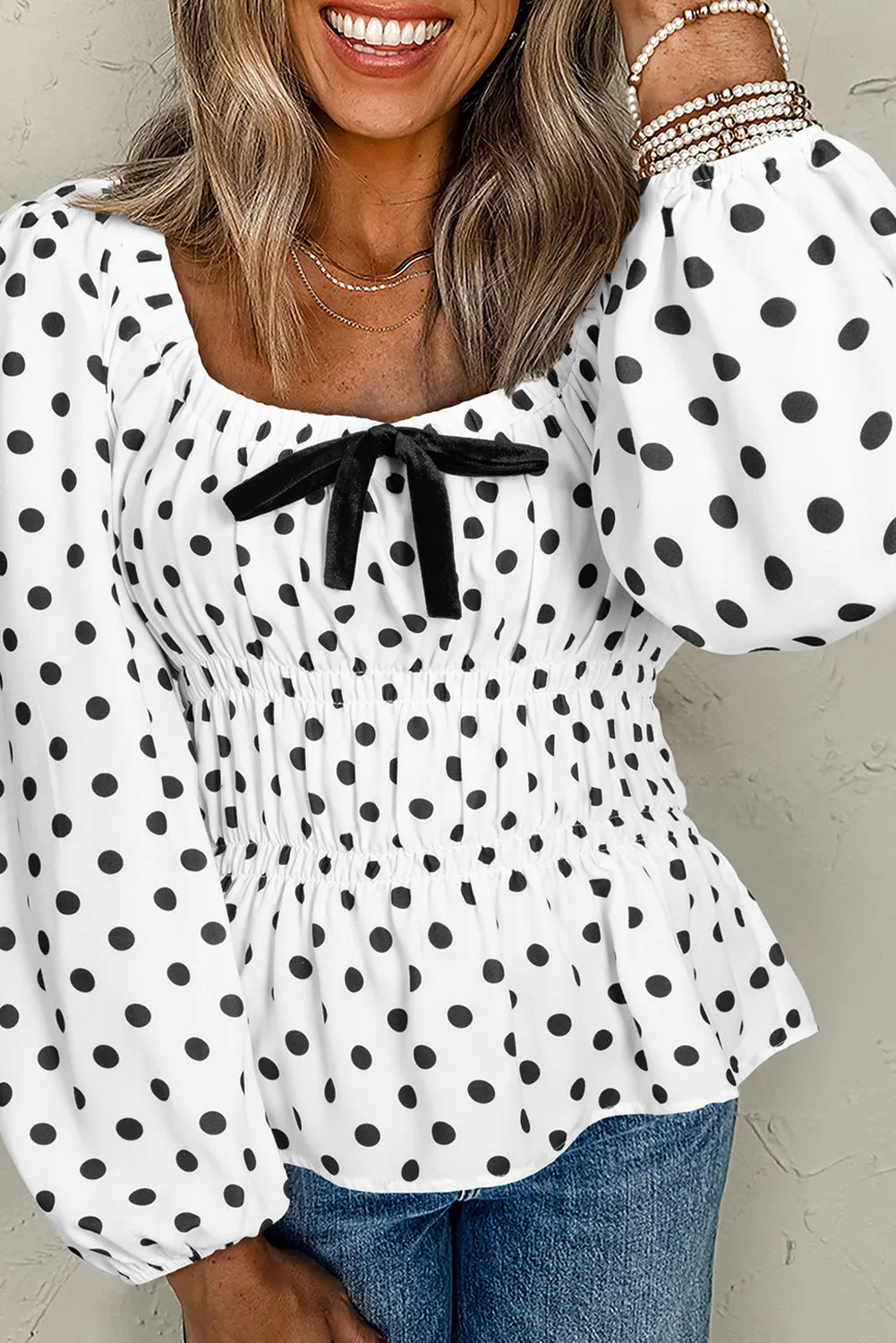 Black Polka Dot Bow Square Neck Ruched Peplum Blouse
