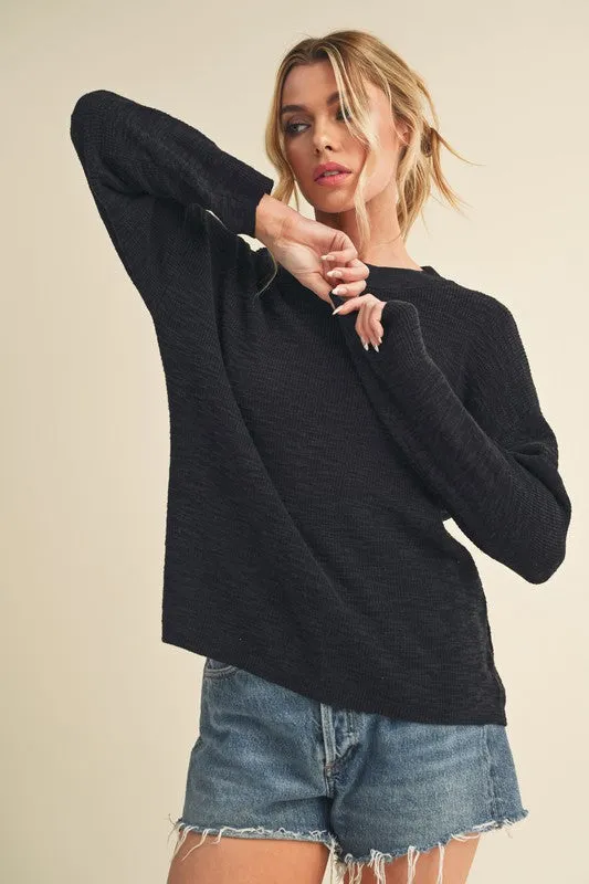 Black Round Neck Drop Shoulder Knit Top