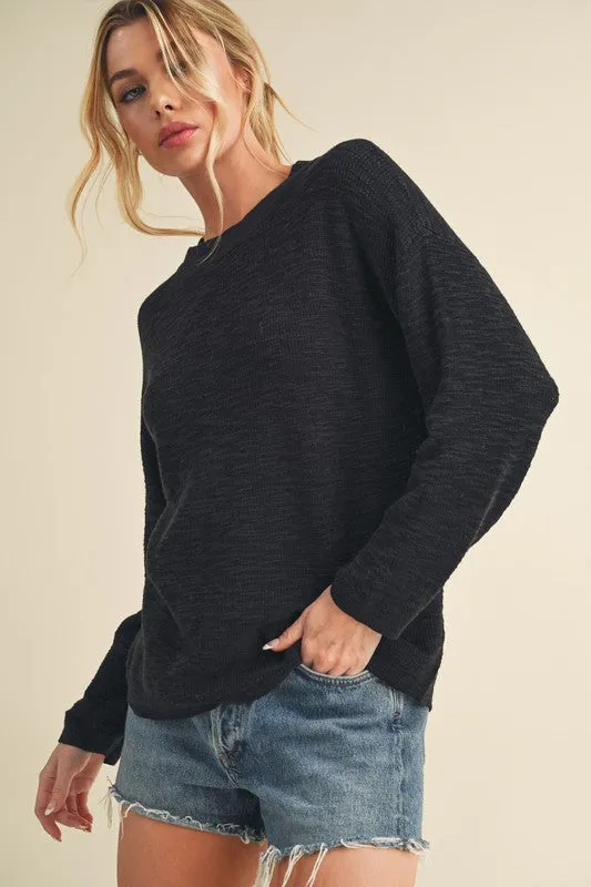 Black Round Neck Drop Shoulder Knit Top