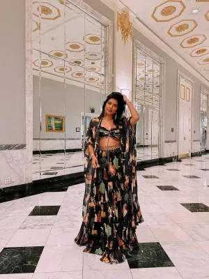 Block Flowy Mughal Printed Cape and Skirt Set