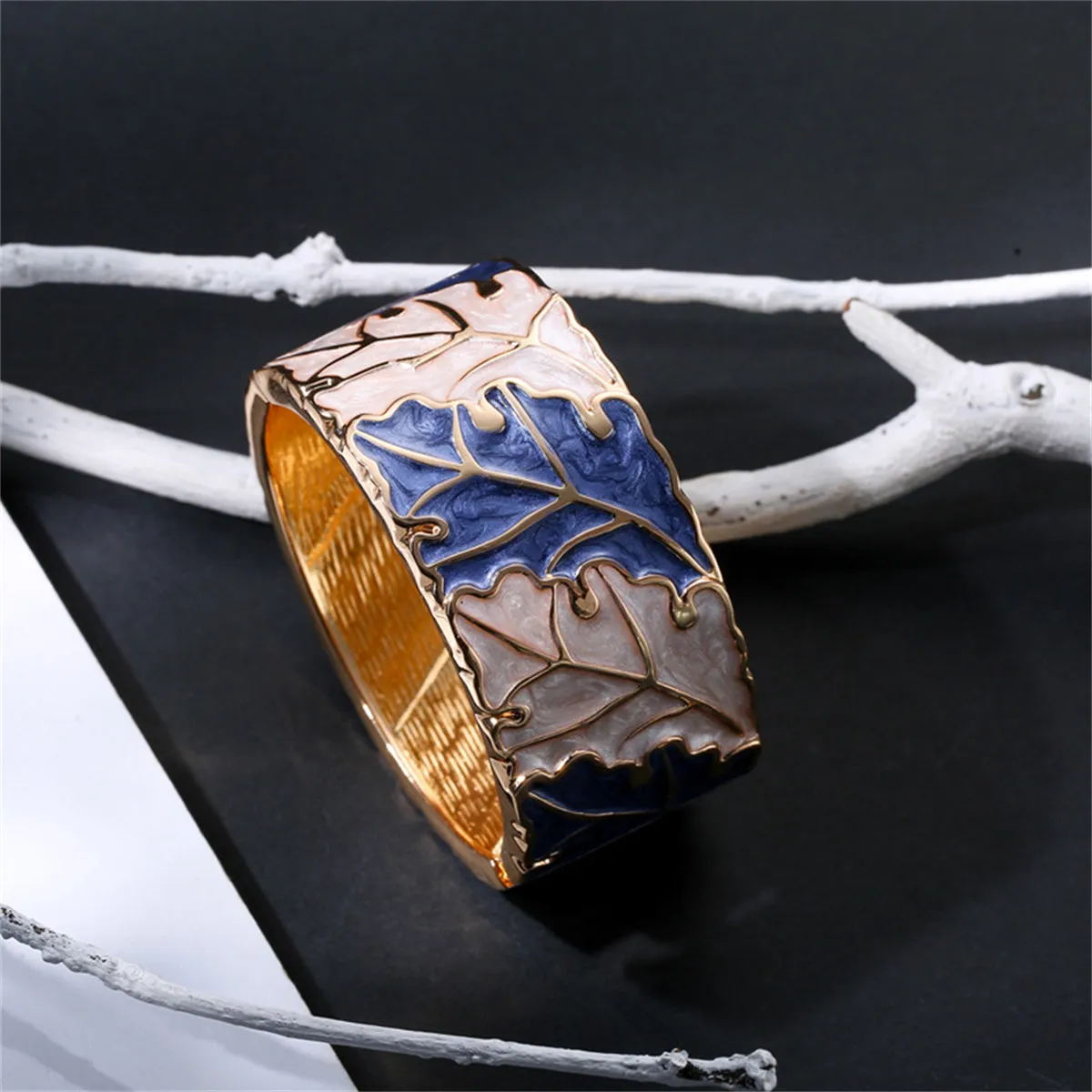Blue & Apricot Enamel 18K Gold-Plated Leaves Bangle