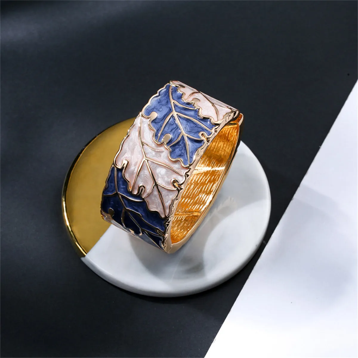 Blue & Apricot Enamel 18K Gold-Plated Leaves Bangle