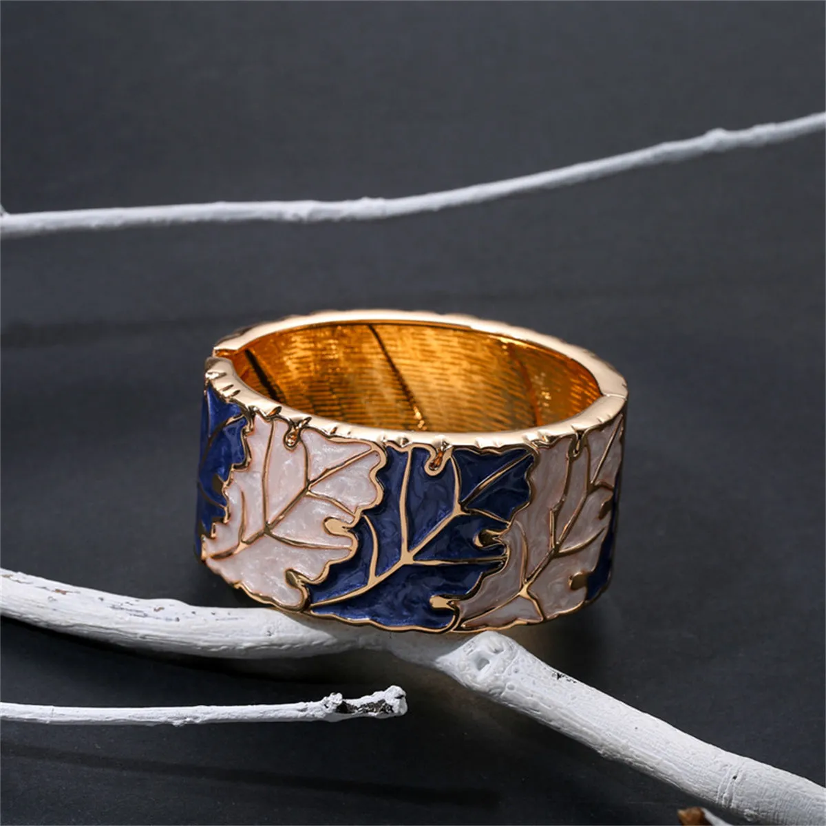 Blue & Apricot Enamel 18K Gold-Plated Leaves Bangle