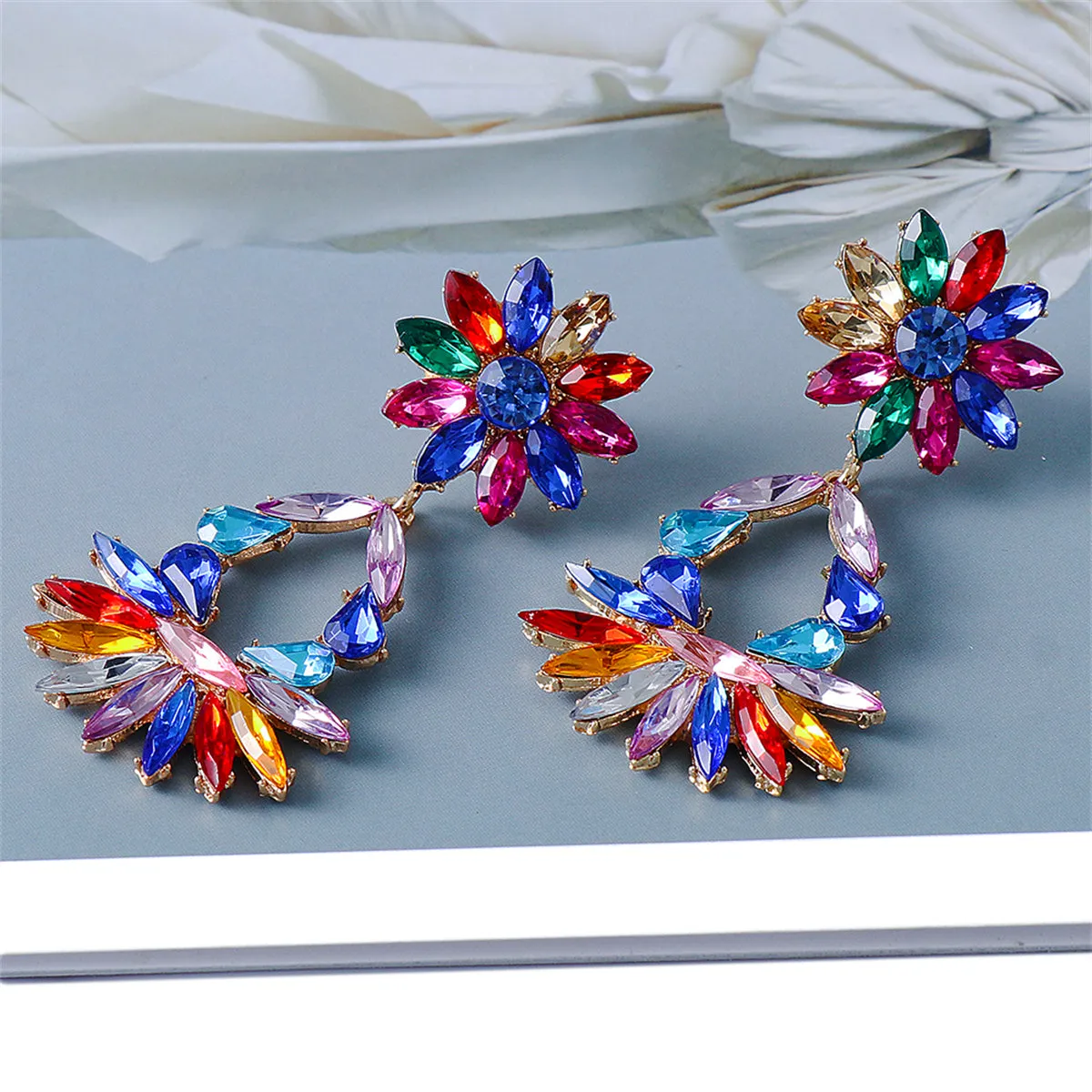 Blue Crystal & 18K Gold-Plated Flower Drop Earrings