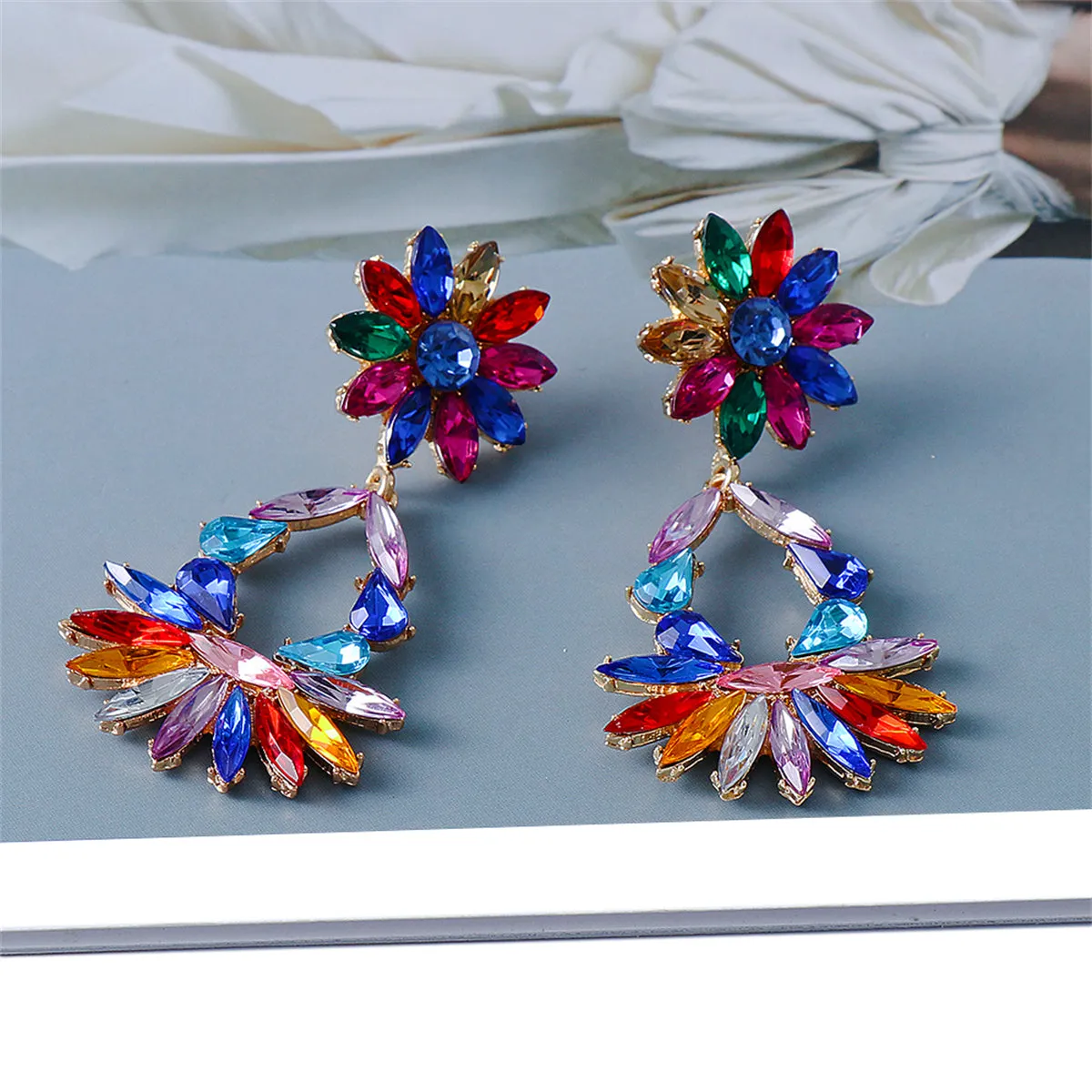Blue Crystal & 18K Gold-Plated Flower Drop Earrings