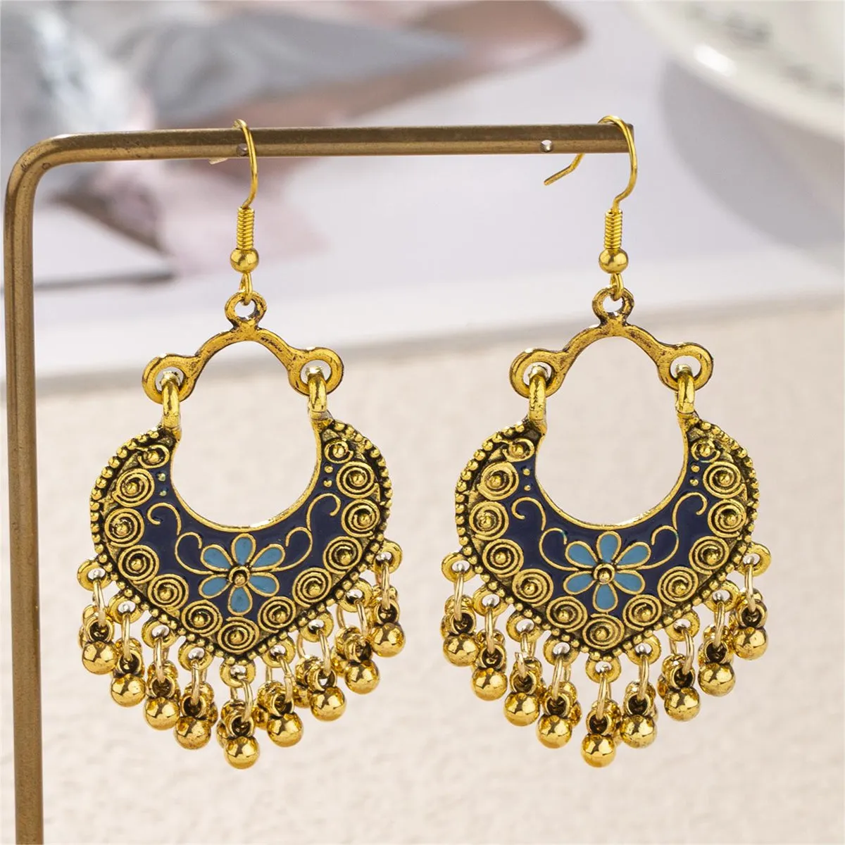 Blue Enamel & 18K Gold Plated Ball-Detail Flower Drop Earrings