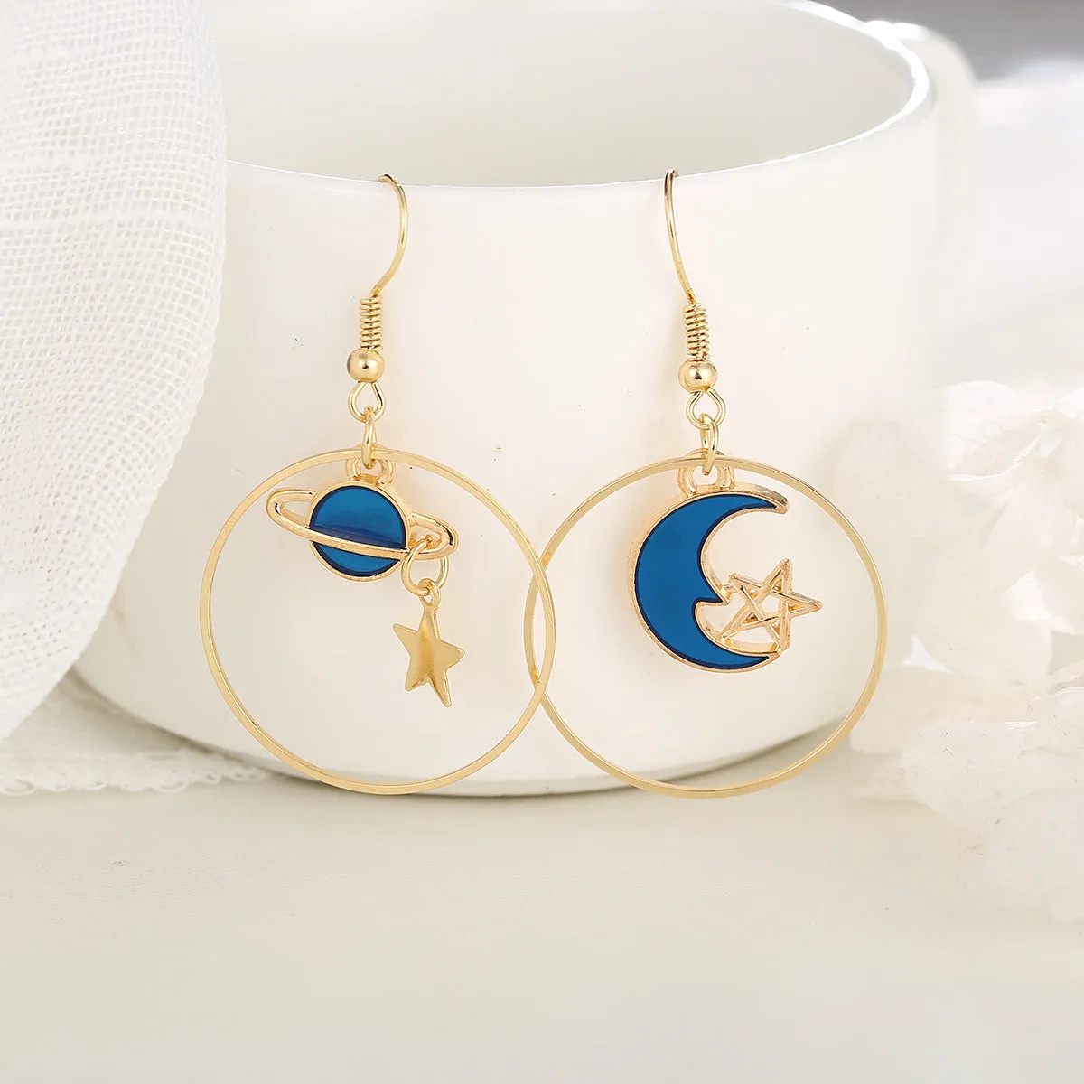 Blue Enamel & 18K Gold-Plated Celestial Drop Hoop Earrings