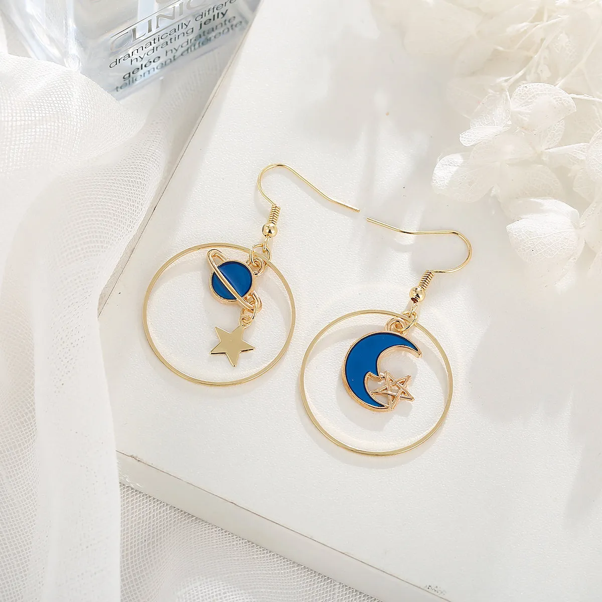 Blue Enamel & 18K Gold-Plated Celestial Drop Hoop Earrings