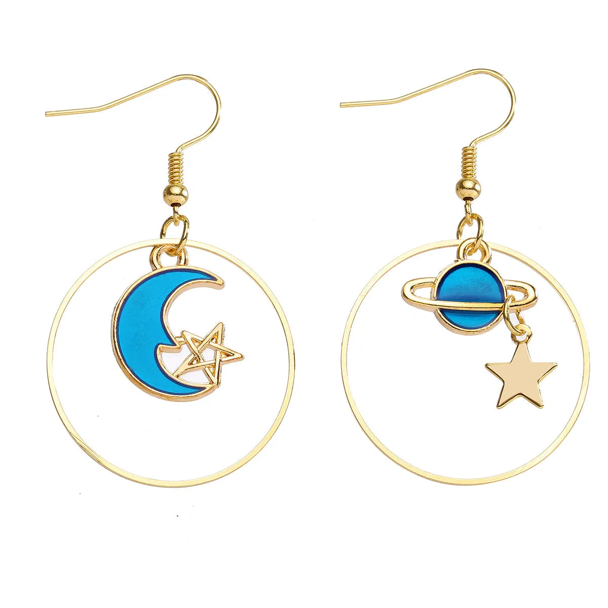 Blue Enamel & 18K Gold-Plated Celestial Drop Hoop Earrings