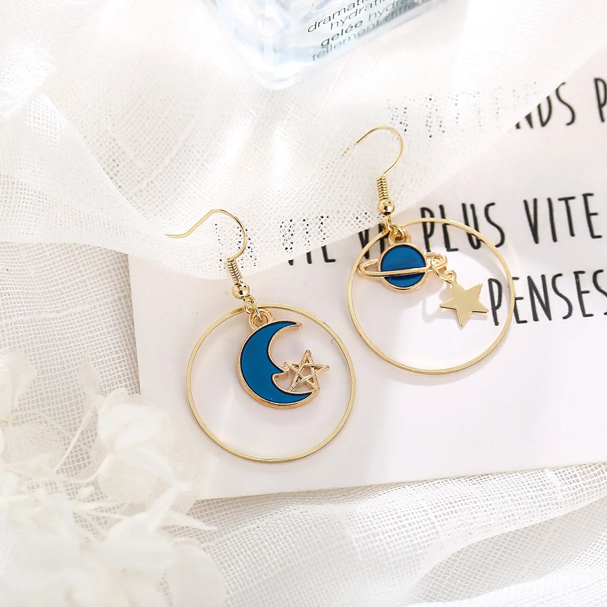Blue Enamel & 18K Gold-Plated Celestial Drop Hoop Earrings