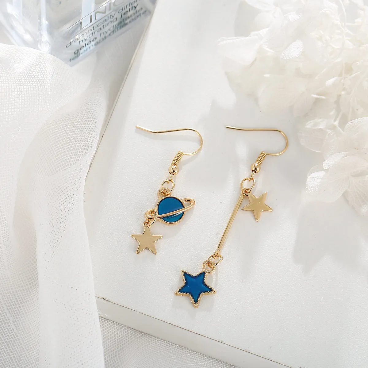 Blue Enamel & 18K Gold-Plated Star Asymmetrical Drop Earrings