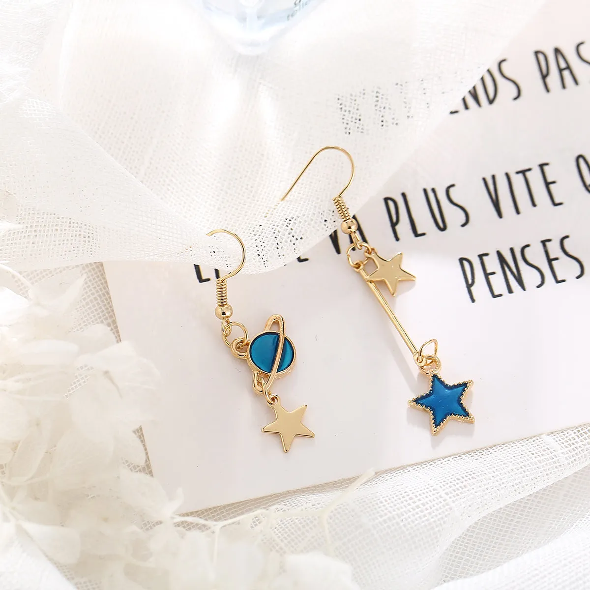 Blue Enamel & 18K Gold-Plated Star Asymmetrical Drop Earrings