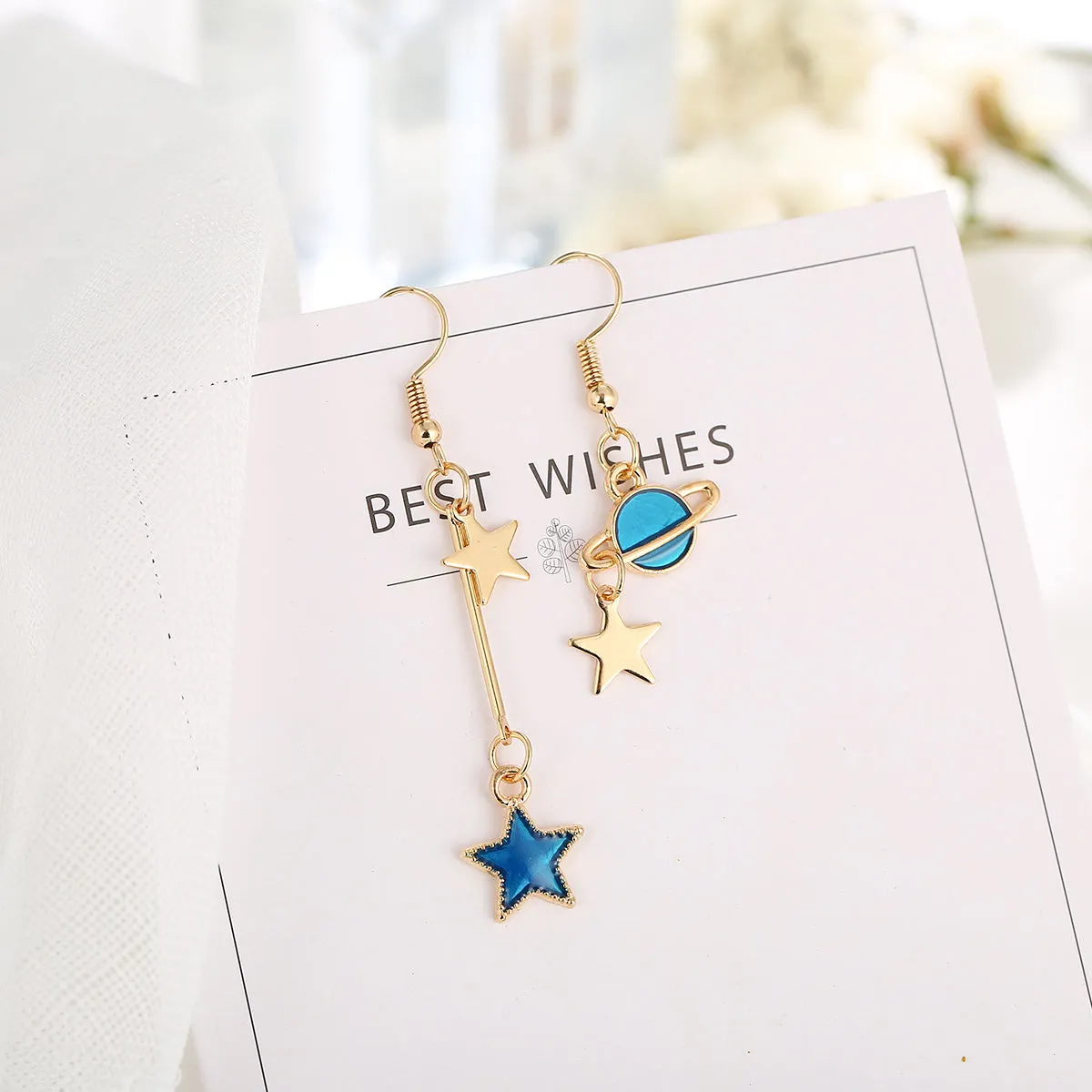 Blue Enamel & 18K Gold-Plated Star Asymmetrical Drop Earrings