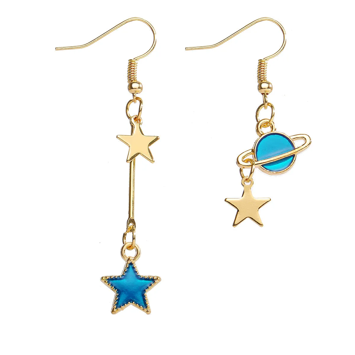 Blue Enamel & 18K Gold-Plated Star Asymmetrical Drop Earrings