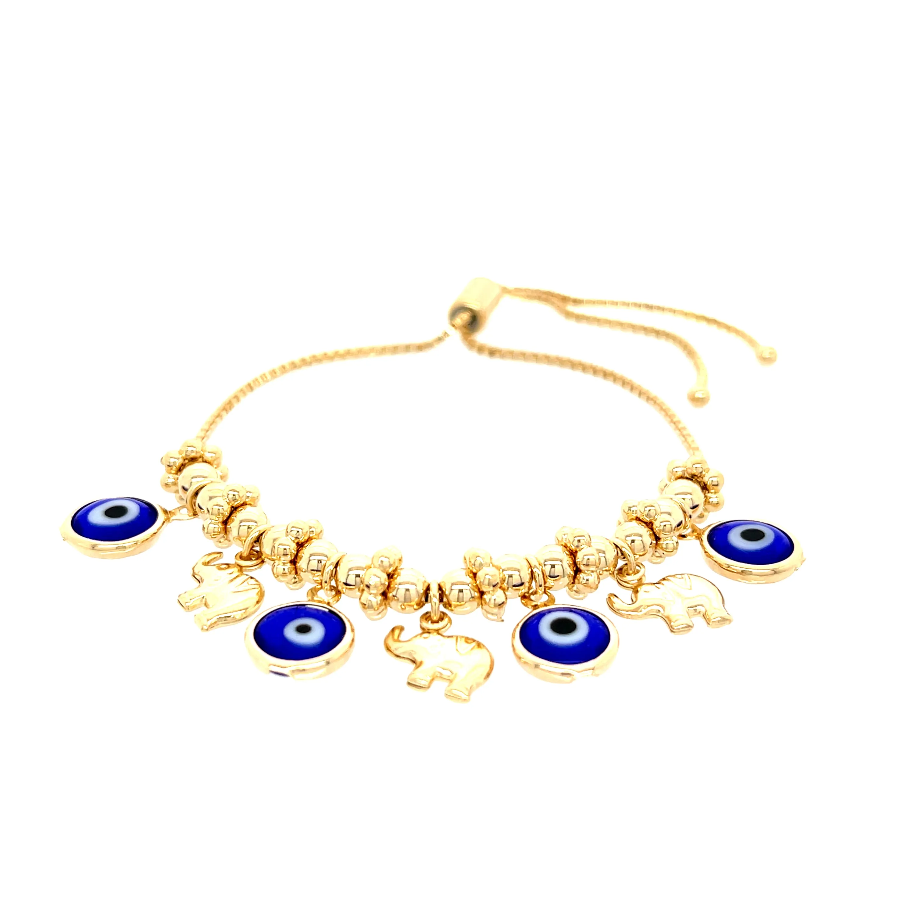 Blue Evil Eyes Tiny Elephant Charm bracelet Beads 14k gold filled Adjustable