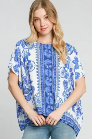 Blue Floral Border Print Oversized Top