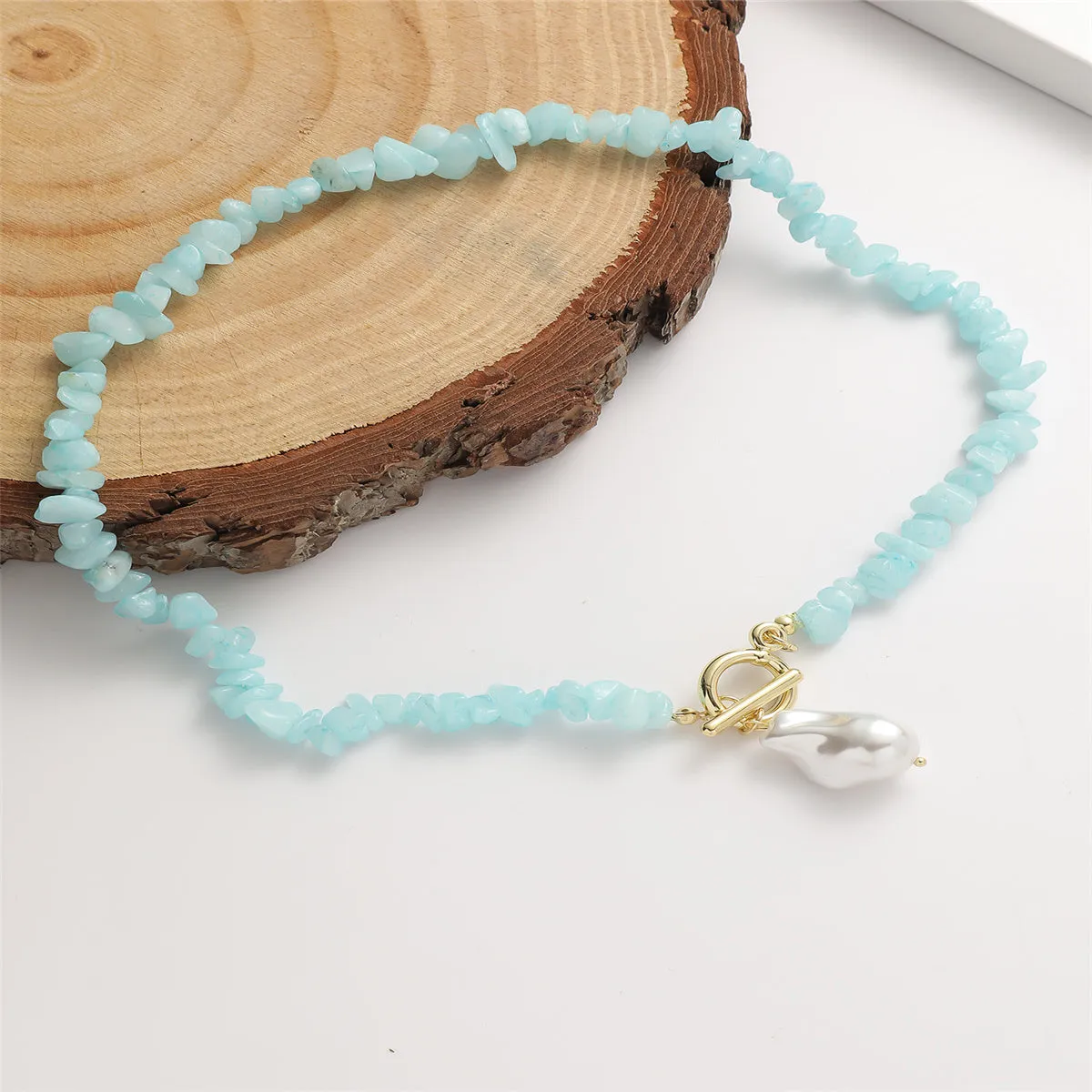 Blue Resin & Pearl Irregular Stone Toggle Pendant Necklace