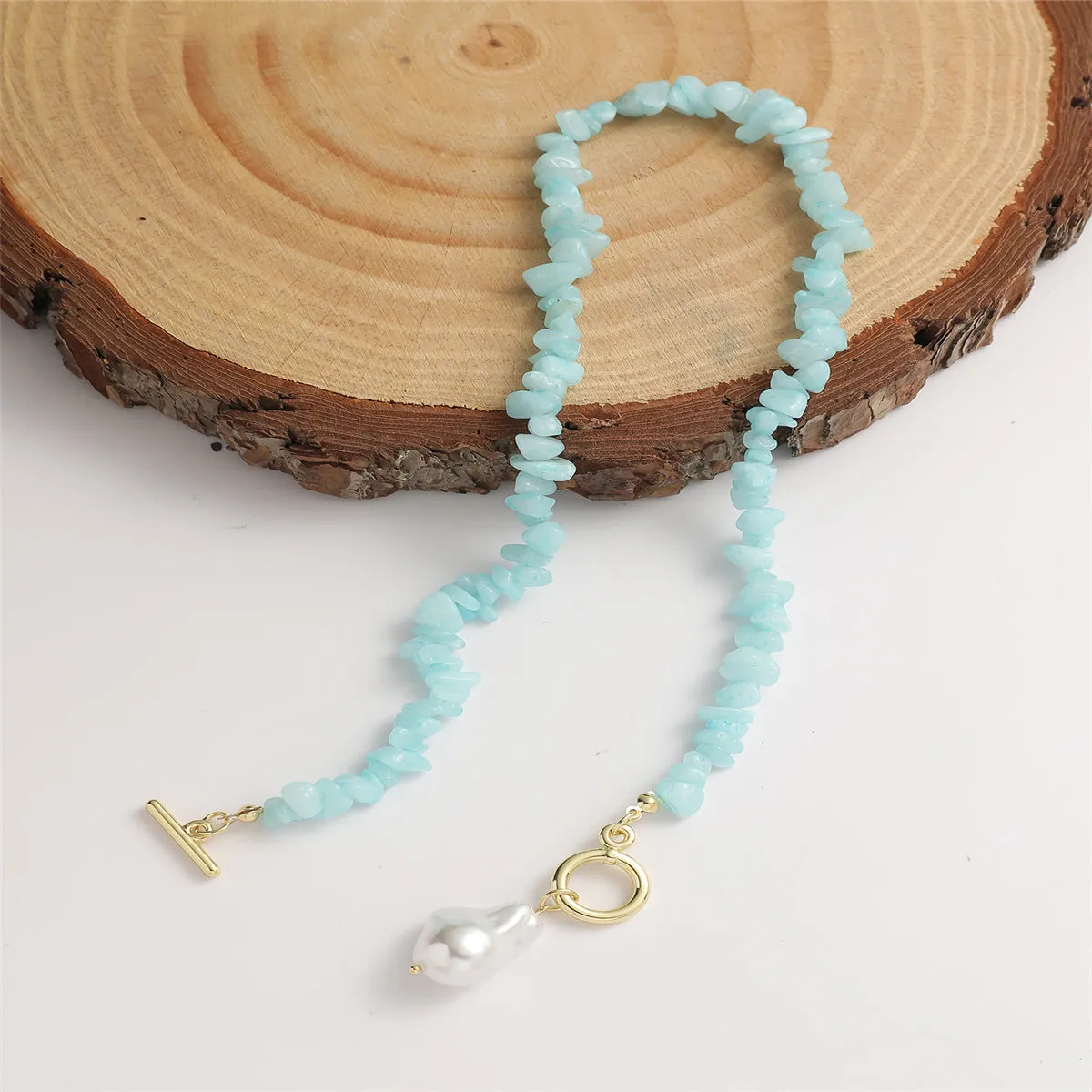Blue Resin & Pearl Irregular Stone Toggle Pendant Necklace
