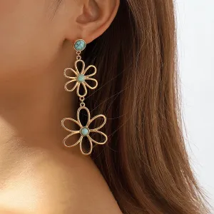 Blue Turquoise & 18K Gold-Plated Open Flowers Dangle Earring