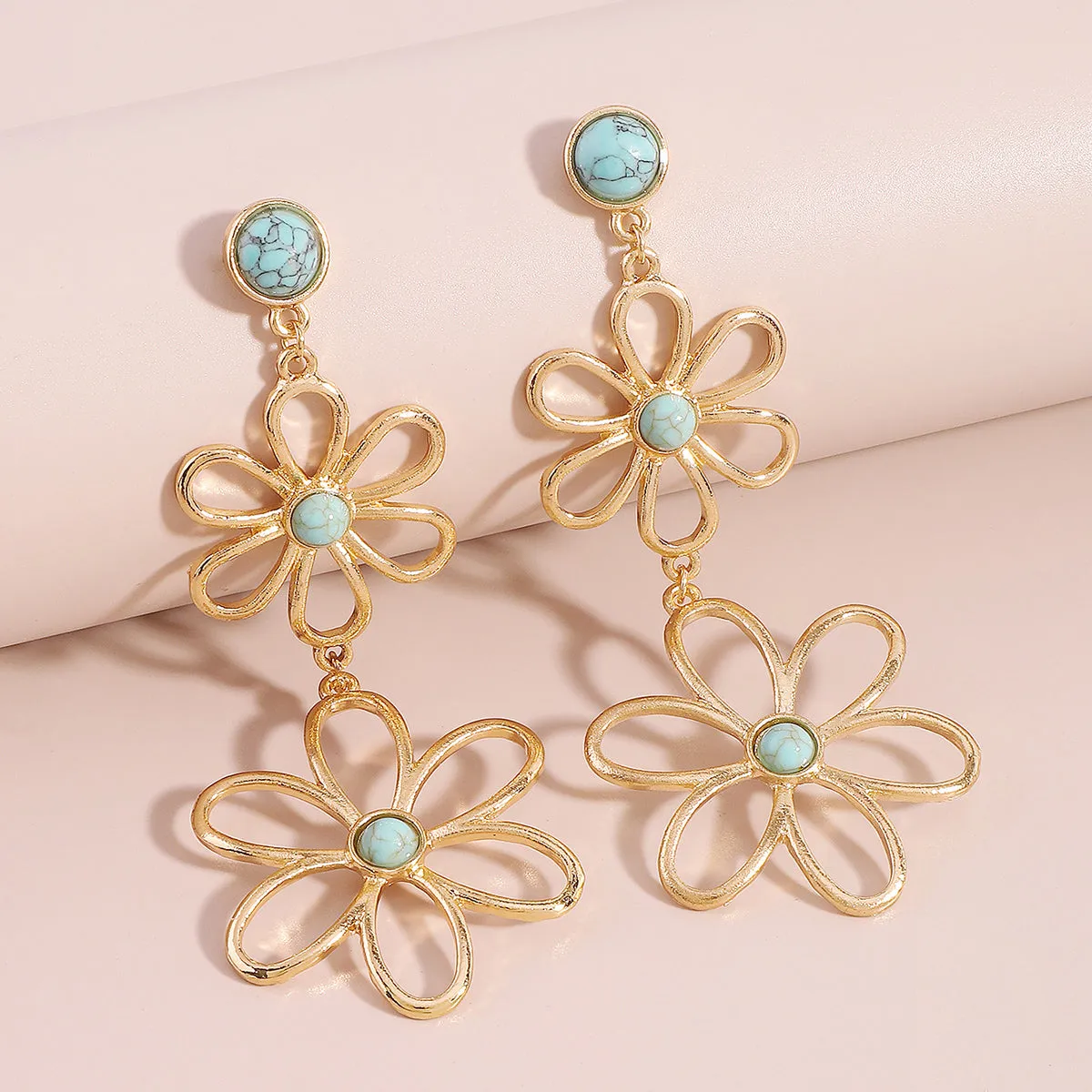 Blue Turquoise & 18K Gold-Plated Open Flowers Dangle Earring
