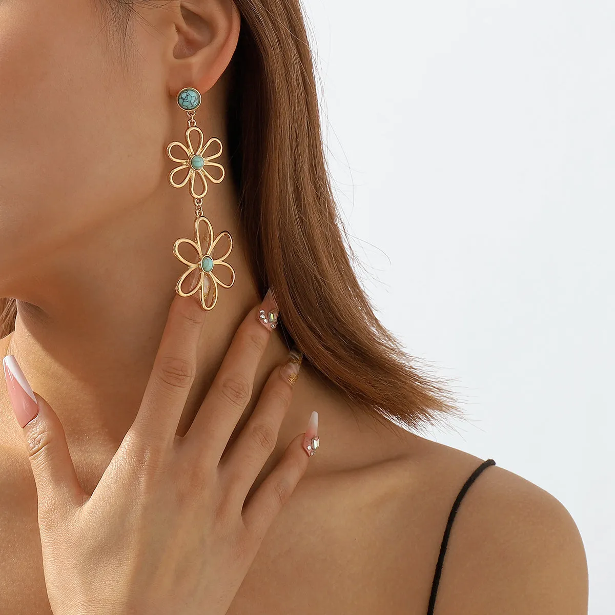 Blue Turquoise & 18K Gold-Plated Open Flowers Dangle Earring