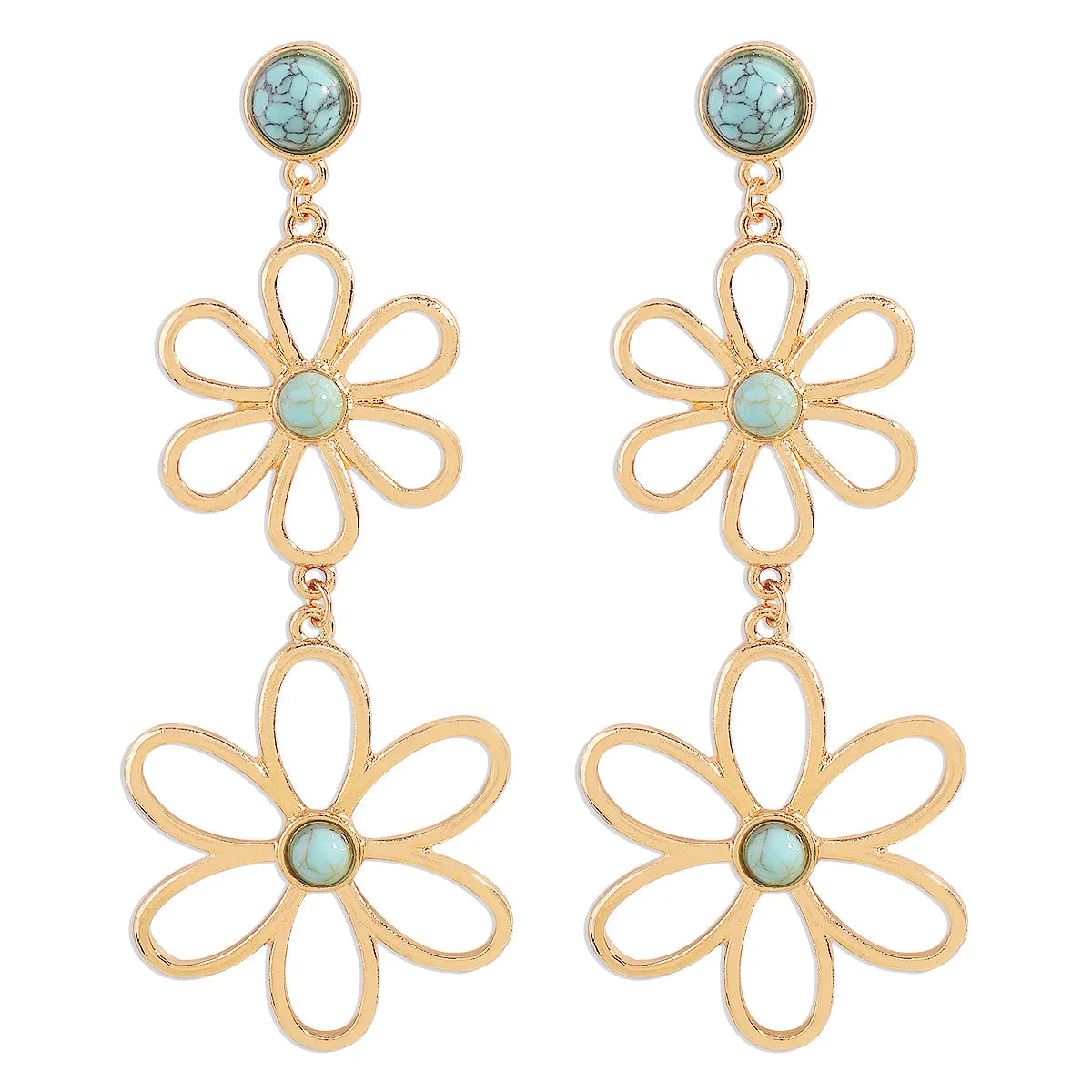 Blue Turquoise & 18K Gold-Plated Open Flowers Dangle Earring