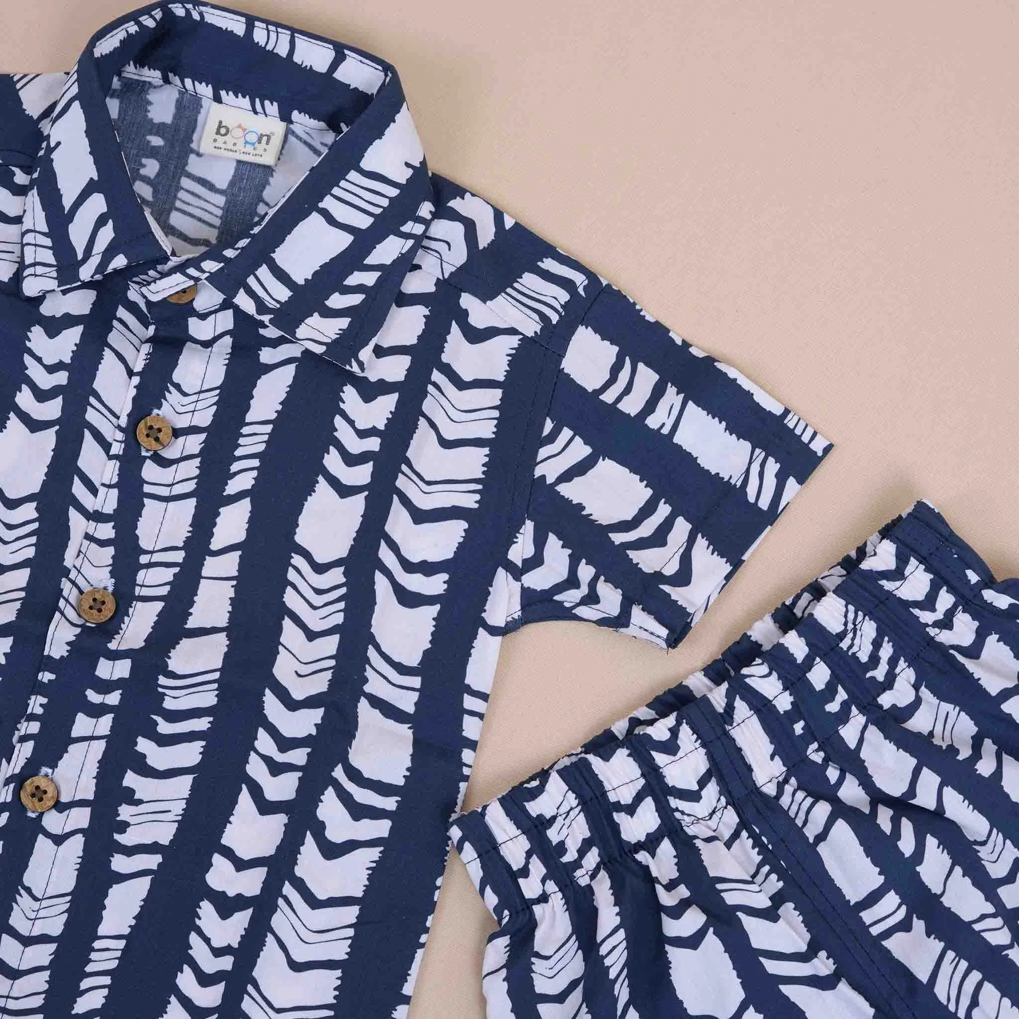 Blue Wave Pattern Cotton Shirt and Shorts Set for Boys