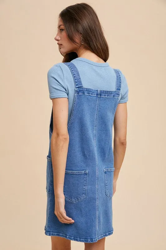 Blue Wide Strap Denim Overall Dress with Pockets